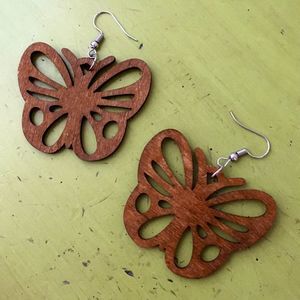 Brown Wooden Butterfly Pierced Earrings, New